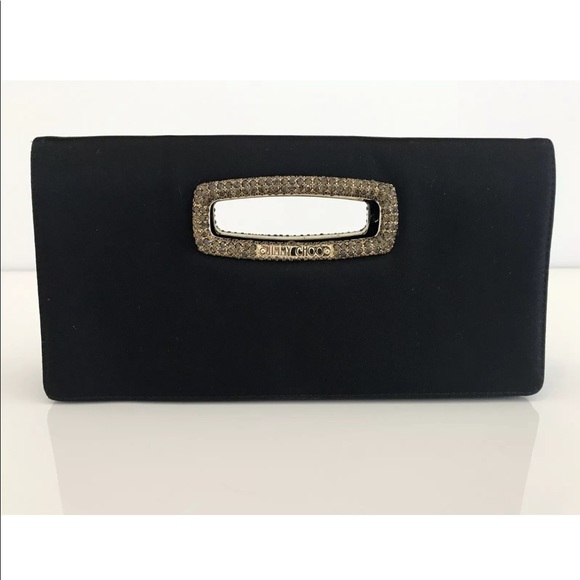 JIMMY CHOO BLACK SATIN SILK CRYSTAL CLUTCH BAG - Picture 1 of 15